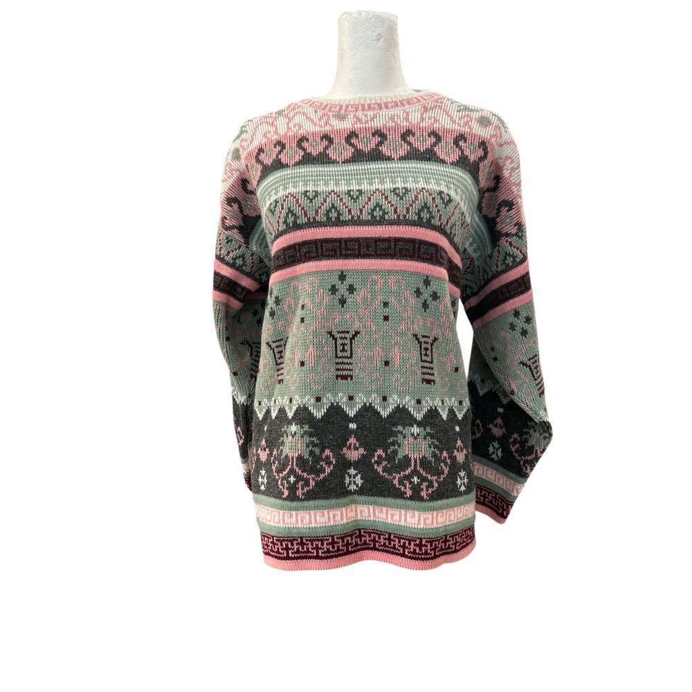 Vintage Made in USA Fair Isle Geometric Knit Sweater‎ Pink Green Crewneck 2XL